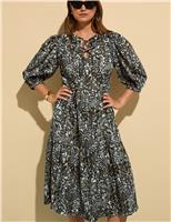 BAUKJEN Pure Cotton Printed Midi Tiered Dress Black Mix