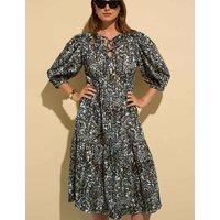 BAUKJEN Pure Cotton Printed Midi Tiered Dress Black Mix