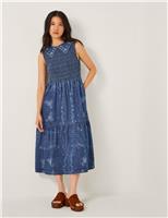 Monsoon Cecily Floral Smocked Denim Midi Dress Blue Blue Denim