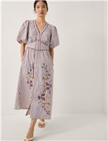 Monsoon Pure Cotton Embroidered V-Neck Midi Dress Pink