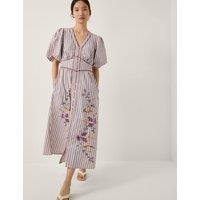 Monsoon Pure Cotton Embroidered V-Neck Midi Dress Pink
