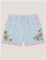 Monsoon Pure Cotton Floral Embroidered Shorts (3-15 Yrs) Blue