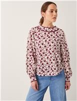 Monsoon Cotton Rich Jersey Floral Top Ivory