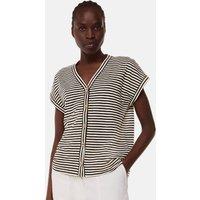 Whistles Pure Cotton Striped V-Neck Button Through Top Black Mix