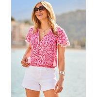 SOSANDAR Animal Print V-Neck Crinkle Pom Pom Trim Top Pink Mix