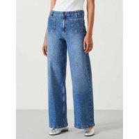 HUSH Mid Rise Patch Pocket Wide Leg Jeans Blue Denim
