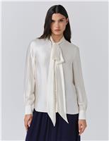 Satin Tie Neck Button Through Blouson Sleeve Blouse