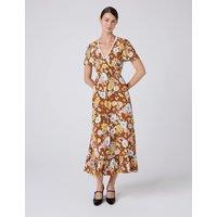 Ghost Crepe Floral Lace Trim Midi Tea Dress Brown Mix