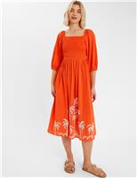 Cotton Rich Embroidered Beach Dress with Linen