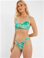 Palm Print Shirred High Leg Bikini Bottoms