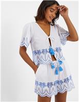 Pure Cotton Embroidered Tie Front Top