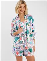 Postcard Print Beach Shirt with Linen