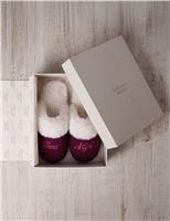 Faux Fur Lined Embroidered Good Night Mule Slippers