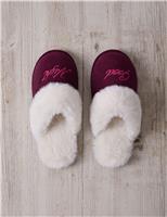 Faux Fur Lined Embroidered Good Night Mule Slippers