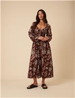 Nobody's Child Pure Cotton Floral V-Neck Midi Waisted Dress Multi