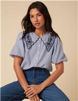 Nobody's Child Pure Cotton Embroidered Striped Blouse Blue