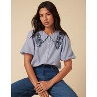 Nobody's Child Pure Cotton Embroidered Striped Blouse Blue