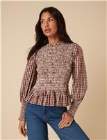 Pure Cotton Gingham Crew Neck Blouse