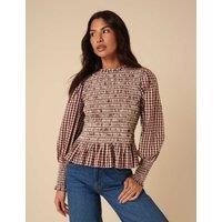 Nobody's Child Pure Cotton Gingham Crew Neck Blouse Brown