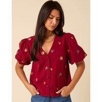 Nobody's Child Pure Cotton Floral V-Neck Blouse Red