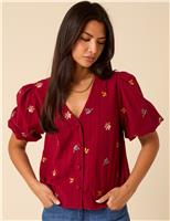 Nobody's Child Pure Cotton Floral V-Neck Blouse Red