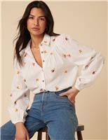 Cotton Blend Floral Collared Relaxed Blouse