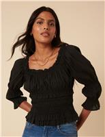 Nobody's Child Pure Cotton Shirred Scoop Neck Crop Top Black