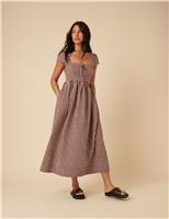 Nobody's Child Pure Cotton Gingham Square Neck Midi Dress Brown