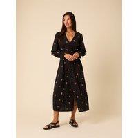 Nobody's Child Pure Cotton Floral V-Neck Midi Waisted Dress Black