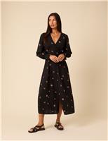 Nobody's Child Pure Cotton Floral V-Neck Midi Waisted Dress Black