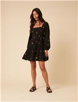 Pure Cotton Floral Mini Waisted Dress