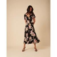 Nobody's Child Floral V-Neck Midi Tea Dress Black