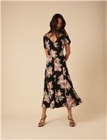 Nobody's Child Floral V-Neck Midi Tea Dress Black