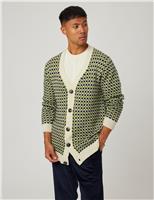 Peregrine Pure Merino Wool Checked V-Neck Cardigan Cream Mix