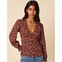 Nobody's Child Floral Blouson Sleeve Button Down Blouse Brown Mix