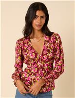 Floral Blouson Sleeve Button Down Blouse