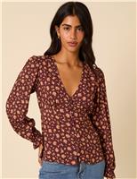 Floral Blouson Sleeve Button Down Blouse