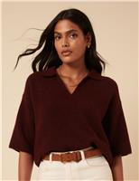 Open Collar Polo Knitted Top with Wool