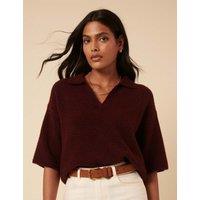 Open Collar Polo Knitted Top with Wool