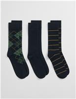 3 Pack Argyle and Striped Cotton Rich Socks