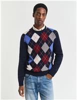 GANT Wool Rich Argyle Crew Neck Jumper Dark Navy Mix
