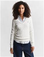 GANT Cotton Rich Cable Knit V-Neck Jumper Green