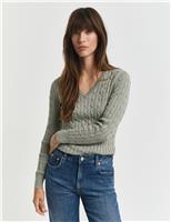 Cotton Rich Cable Knit V-Neck Jumper