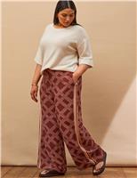 Live Unlimited London Printed Elasticated Waist Wide Leg Trousers Brown