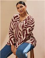 Live Unlimited London Animal Print V-Neck Split Sleeve Blouse Cream Mix