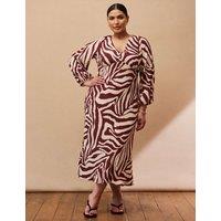 Live Unlimited London Animal Print V-Neck Midi Tea Dress Cream Mix