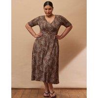 Live Unlimited London Animal Print V-Neck Midi Wrap Dress Brown Mix