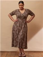 Live Unlimited London Animal Print V-Neck Midi Wrap Dress Brown Mix