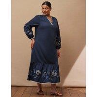 Live Unlimited London Cotton Rich Embroidered V-Neck Midaxi Waisted Dress Navy