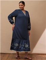 Live Unlimited London Cotton Rich Embroidered V-Neck Midaxi Waisted Dress Navy